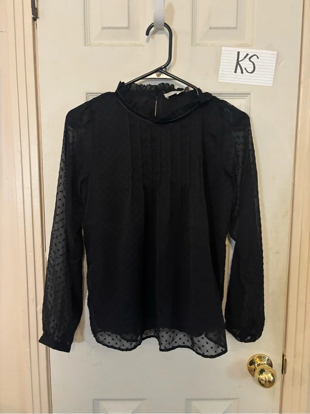 LOFT Black Sheer Swiss Dot Long-Sleeve Blouse